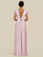 KissDress-Fienna Candy Pink A Line Chiffon Deep V Neck Long Bridesmaid Dress with Flutter Sleeves