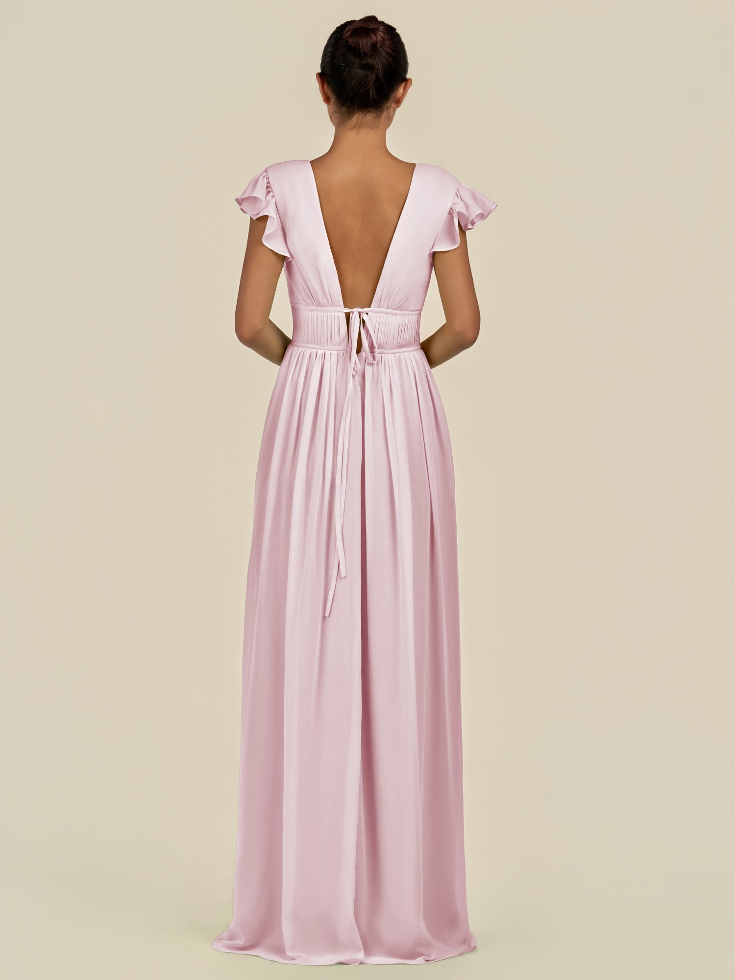 KissDress-Fienna Candy Pink A Line Chiffon Deep V Neck Long Bridesmaid Dress with Flutter Sleeves