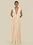 KissDress-Fienna Champagne A Line Chiffon Deep V Neck Long Bridesmaid Dress with Flutter Sleeves