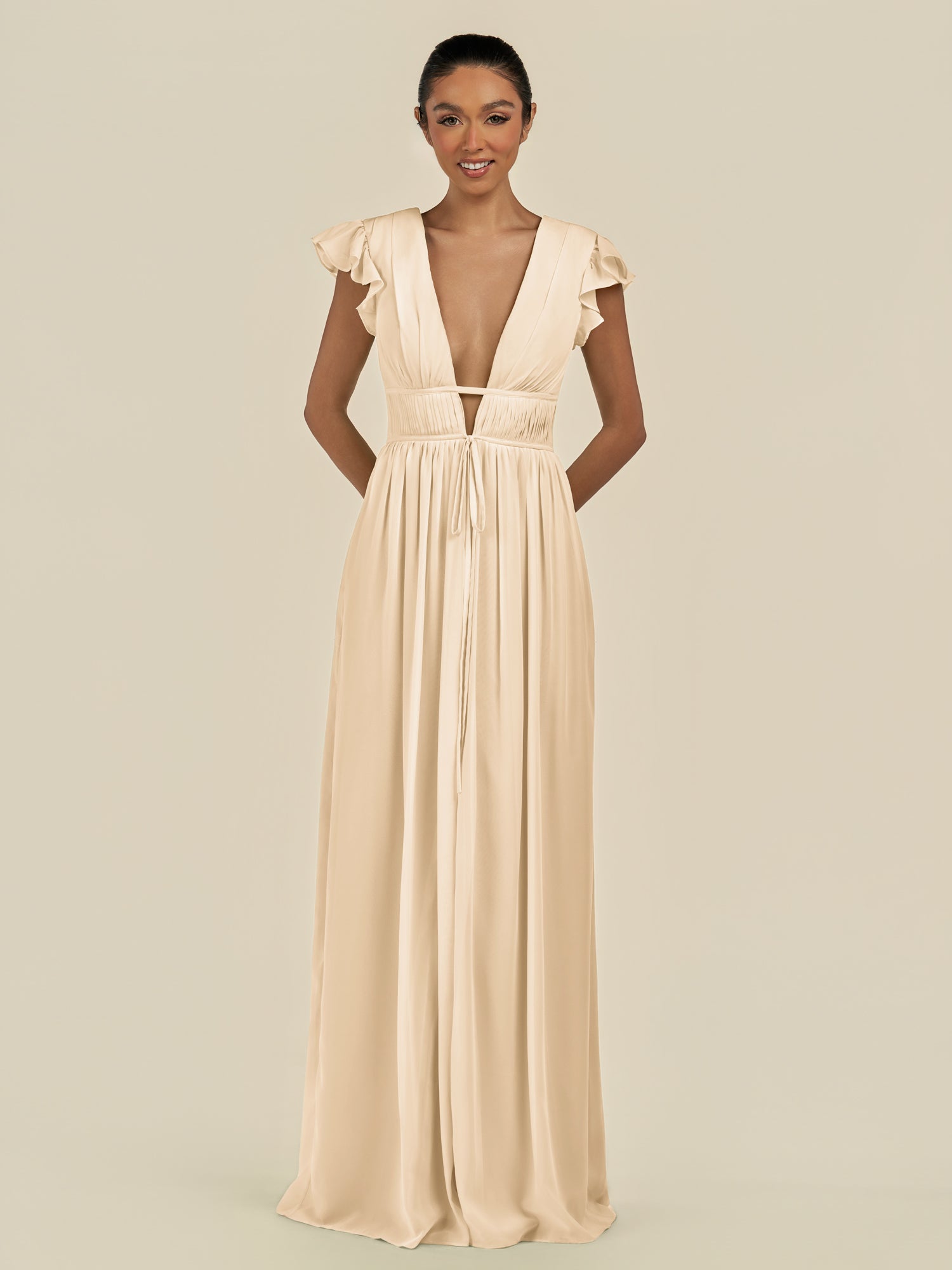 KissDress-Fienna Champagne A Line Chiffon Deep V Neck Long Bridesmaid Dress with Flutter Sleeves