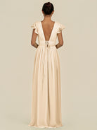 KissDress-Fienna Champagne A Line Chiffon Deep V Neck Long Bridesmaid Dress with Flutter Sleeves
