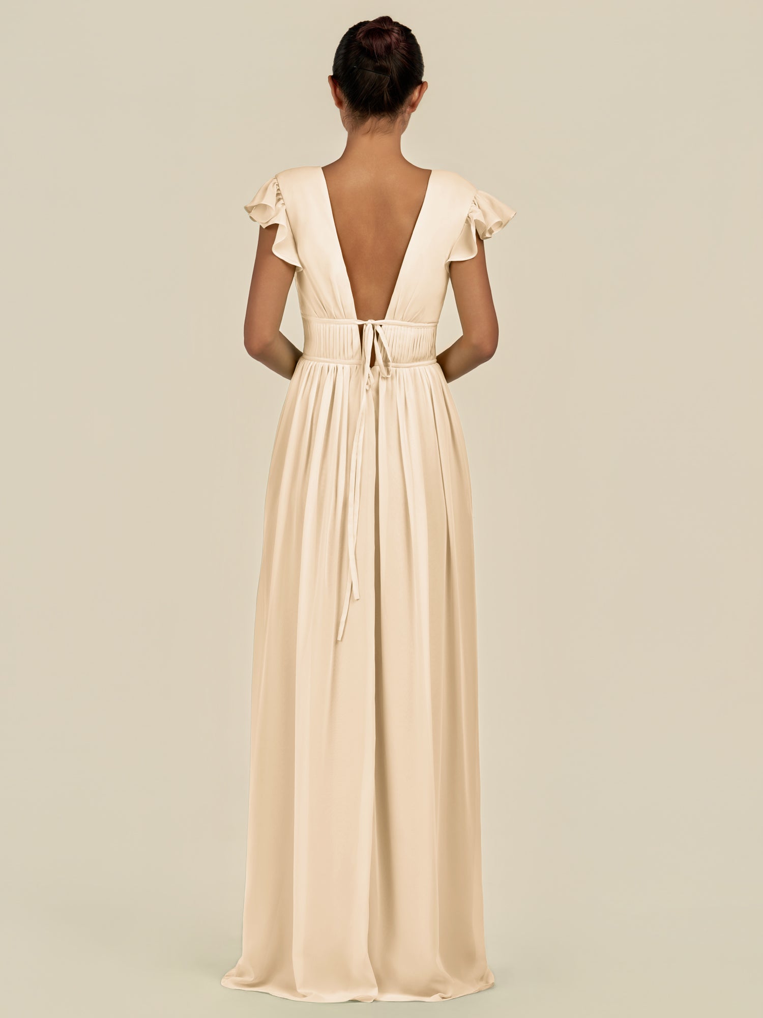 KissDress-Fienna Champagne A Line Chiffon Deep V Neck Long Bridesmaid Dress with Flutter Sleeves
