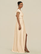 KissDress-Fienna Champagne A Line Chiffon Deep V Neck Long Bridesmaid Dress with Flutter Sleeves
