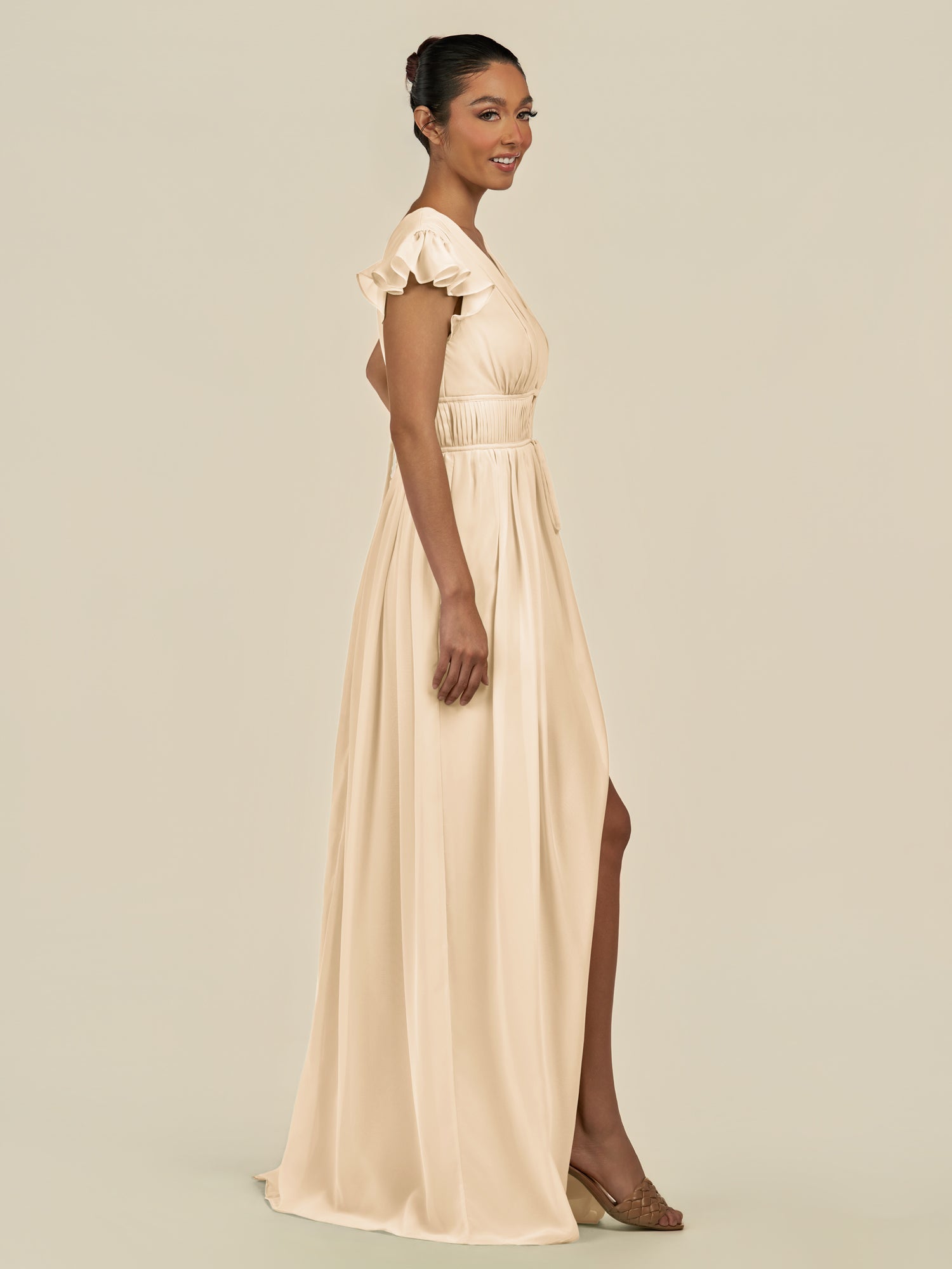 KissDress-Fienna Champagne A Line Chiffon Deep V Neck Long Bridesmaid Dress with Flutter Sleeves