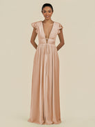 KissDress-Fienna Champagne Rose A Line Chiffon Deep V Neck Long Bridesmaid Dress with Flutter Sleeves