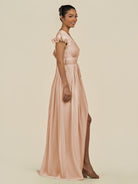 KissDress-Fienna Champagne Rose A Line Chiffon Deep V Neck Long Bridesmaid Dress with Flutter Sleeves