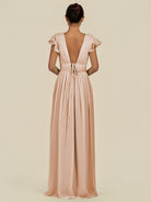 KissDress-Fienna Champagne Rose A Line Chiffon Deep V Neck Long Bridesmaid Dress with Flutter Sleeves