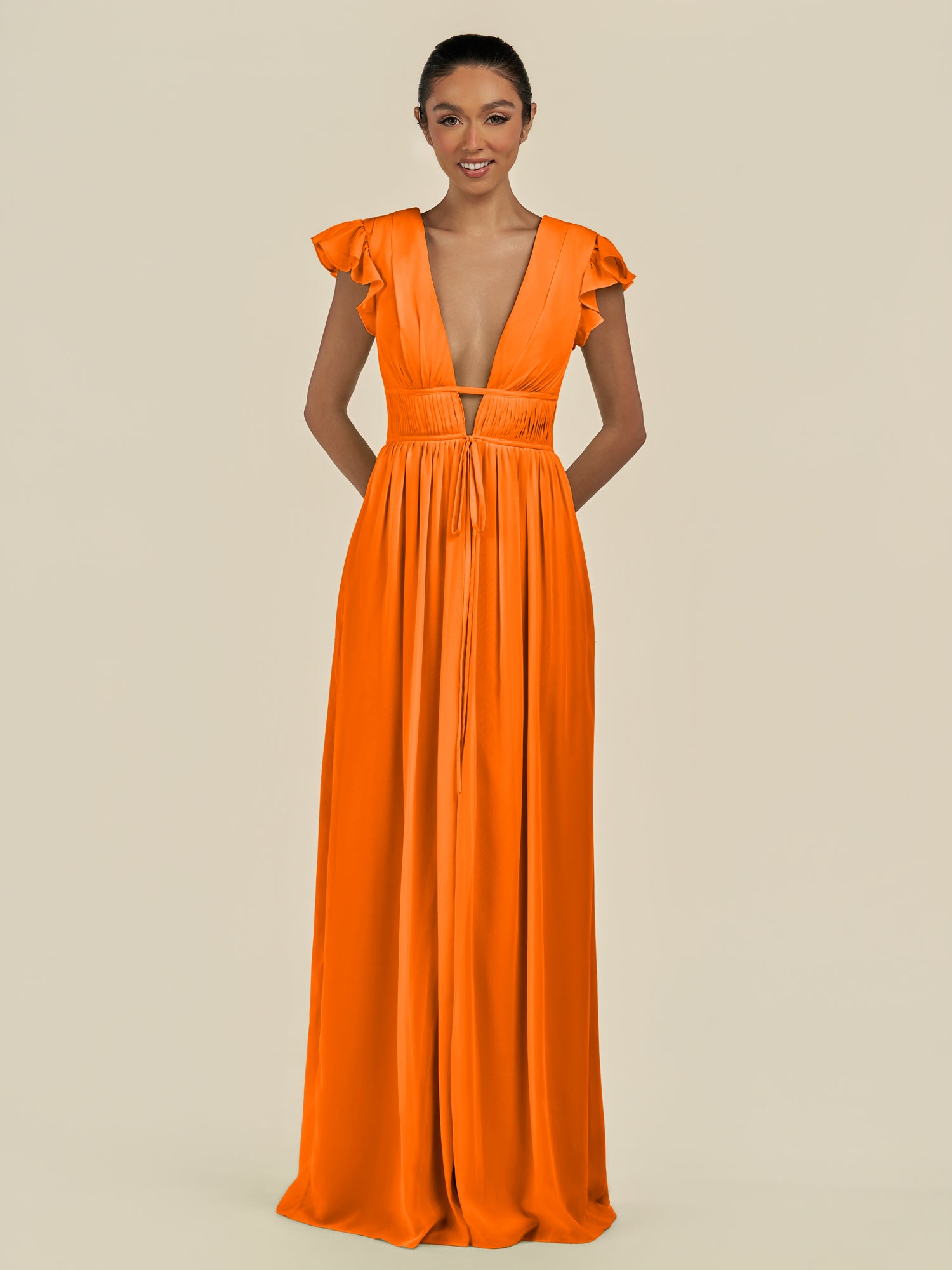 KissDress-Fienna Cinnamon A Line Chiffon Deep V Neck Long Bridesmaid Dress with Flutter Sleeves