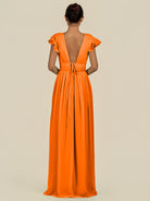 KissDress-Fienna Cinnamon A Line Chiffon Deep V Neck Long Bridesmaid Dress with Flutter Sleeves