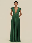 KissDress-Fienna Dark Green A Line Chiffon Deep V Neck Long Bridesmaid Dress with Flutter Sleeves