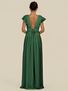 KissDress-Fienna Dark Green A Line Chiffon Deep V Neck Long Bridesmaid Dress with Flutter Sleeves