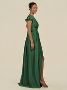 KissDress-Fienna Dark Green A Line Chiffon Deep V Neck Long Bridesmaid Dress with Flutter Sleeves