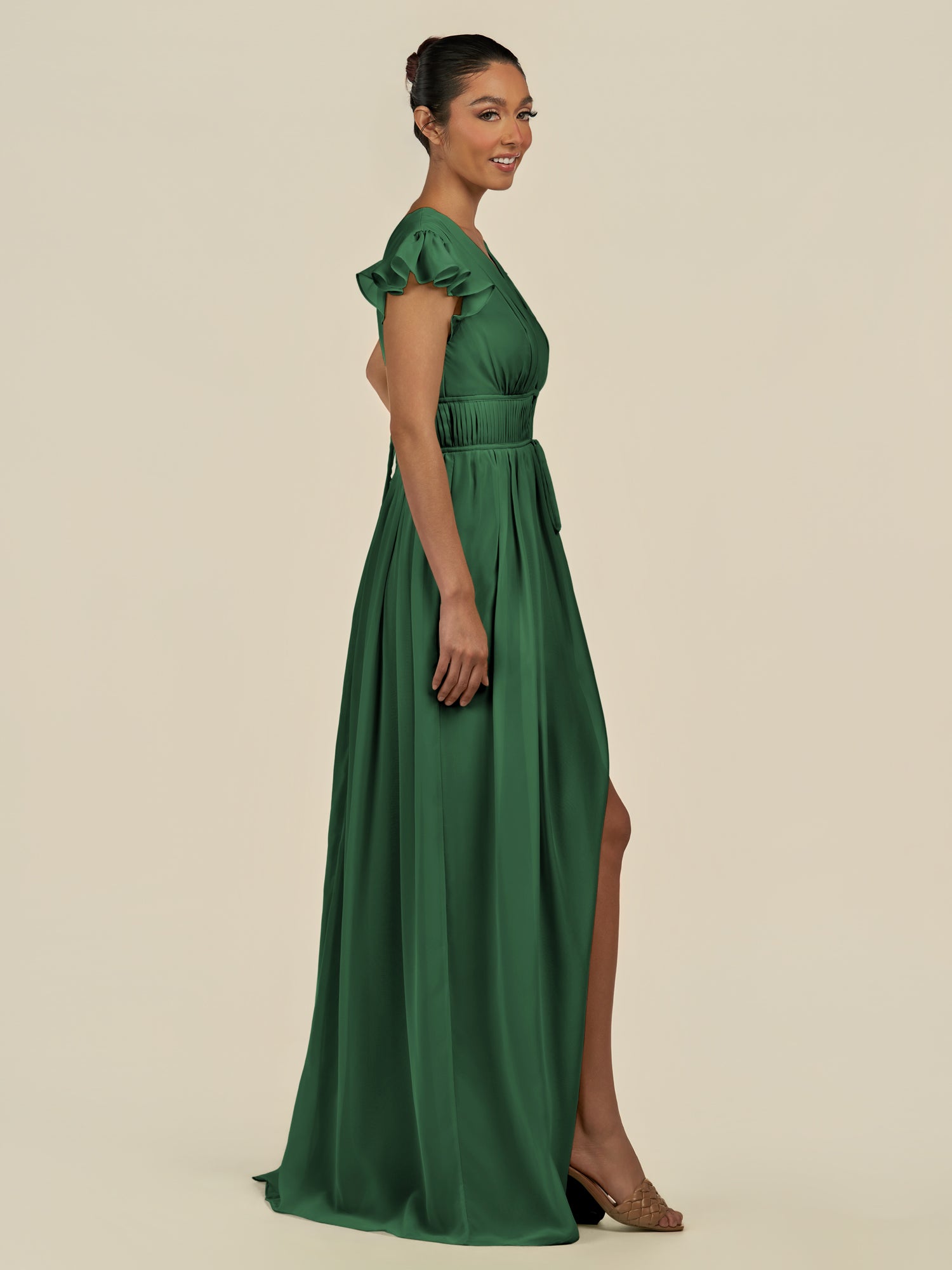 KissDress-Fienna Dark Green A Line Chiffon Deep V Neck Long Bridesmaid Dress with Flutter Sleeves