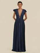 KissDress-Fienna Dark Navy A Line Chiffon Deep V Neck Long Bridesmaid Dress with Flutter Sleeves