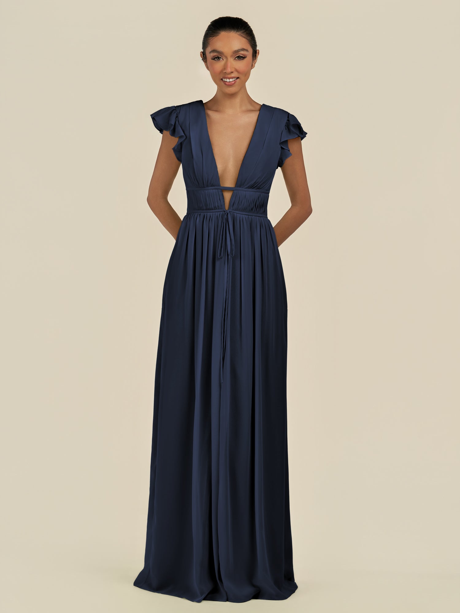 KissDress-Fienna Dark Navy A Line Chiffon Deep V Neck Long Bridesmaid Dress with Flutter Sleeves