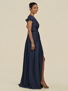 KissDress-Fienna Dark Navy A Line Chiffon Deep V Neck Long Bridesmaid Dress with Flutter Sleeves