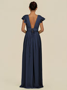 KissDress-Fienna Dark Navy A Line Chiffon Deep V Neck Long Bridesmaid Dress with Flutter Sleeves
