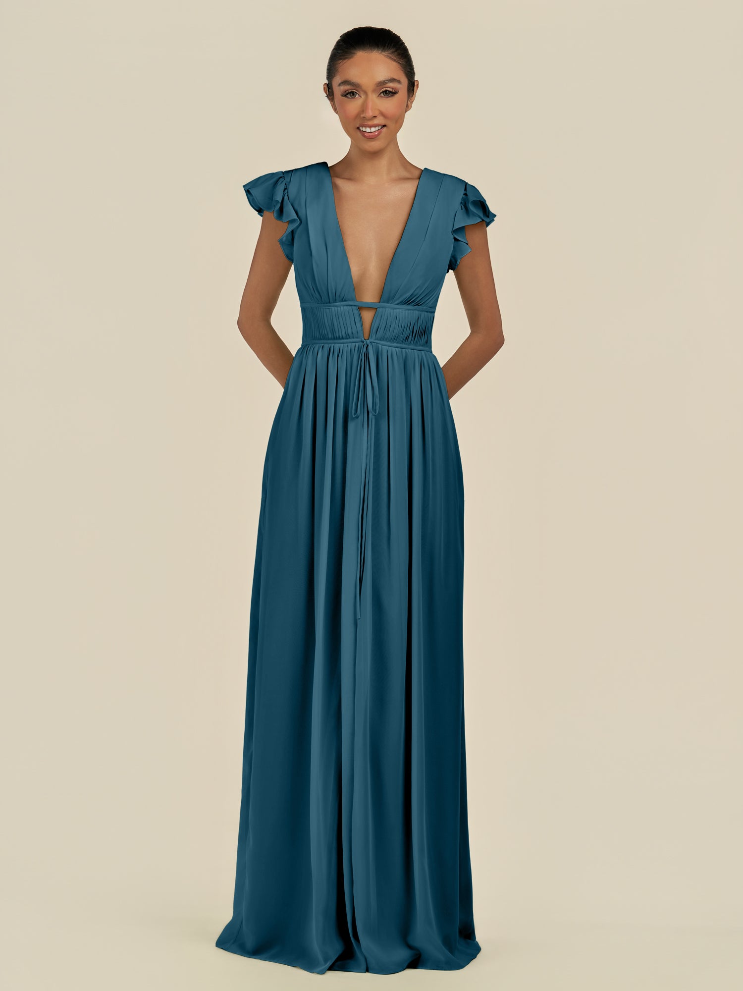 KissDress-Fienna Dark Teal A Line Chiffon Deep V Neck Long Bridesmaid Dress with Flutter Sleeves