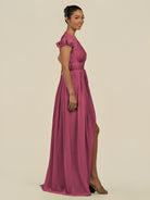 KissDress-Fienna Desert Rose A Line Chiffon Deep V Neck Long Bridesmaid Dress with Flutter Sleeves