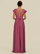 KissDress-Fienna Desert Rose A Line Chiffon Deep V Neck Long Bridesmaid Dress with Flutter Sleeves