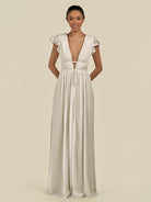 KissDress-Fienna Dove Gray A Line Chiffon Deep V Neck Long Bridesmaid Dress with Flutter Sleeves