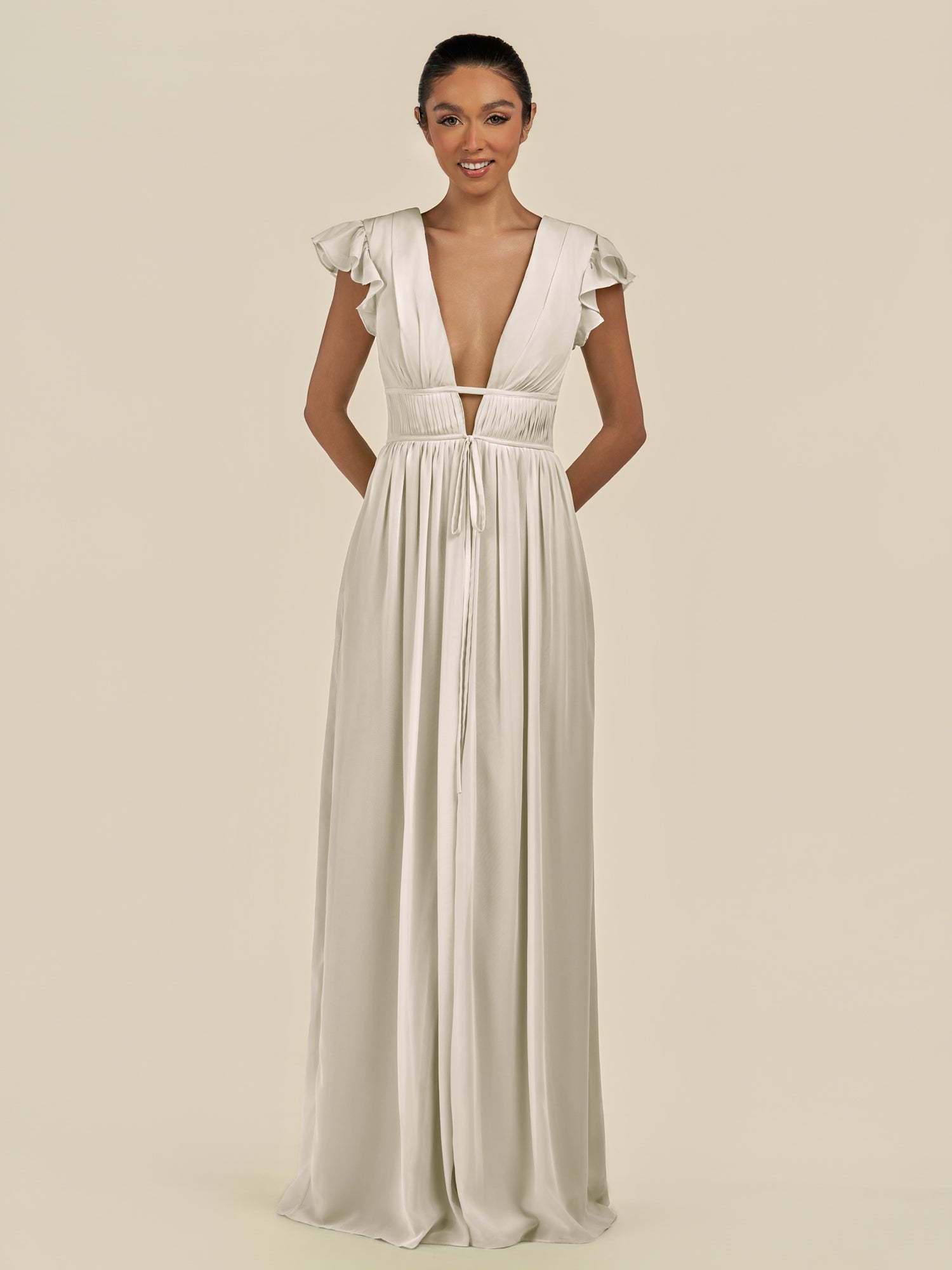 KissDress-Fienna Dove Gray A Line Chiffon Deep V Neck Long Bridesmaid Dress with Flutter Sleeves