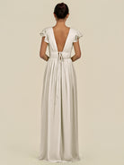KissDress-Fienna Dove Gray A Line Chiffon Deep V Neck Long Bridesmaid Dress with Flutter Sleeves