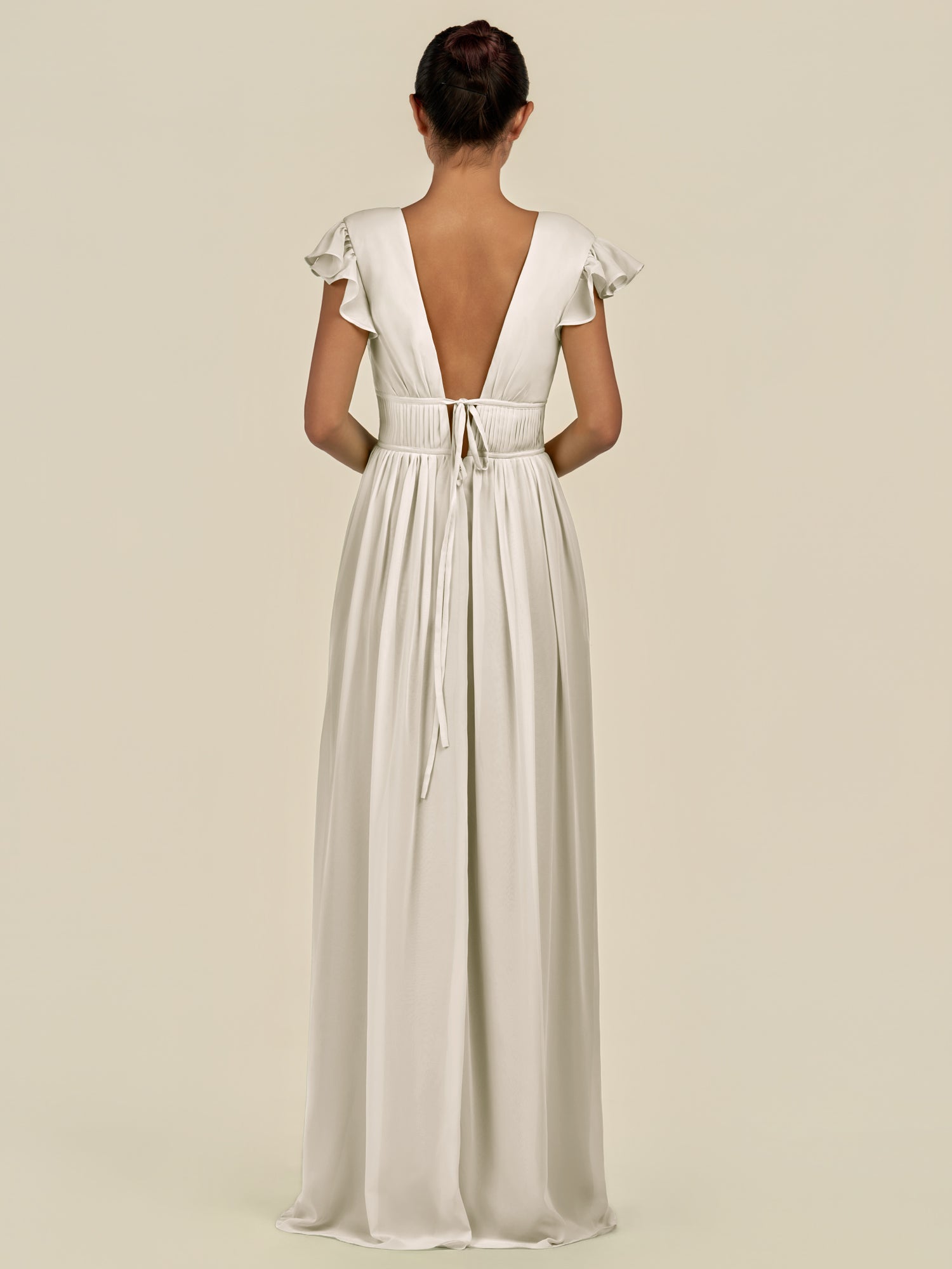 KissDress-Fienna Dove Gray A Line Chiffon Deep V Neck Long Bridesmaid Dress with Flutter Sleeves