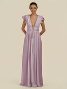 KissDress-Fienna Dusk A Line Chiffon Deep V Neck Long Bridesmaid Dress with Flutter Sleeves