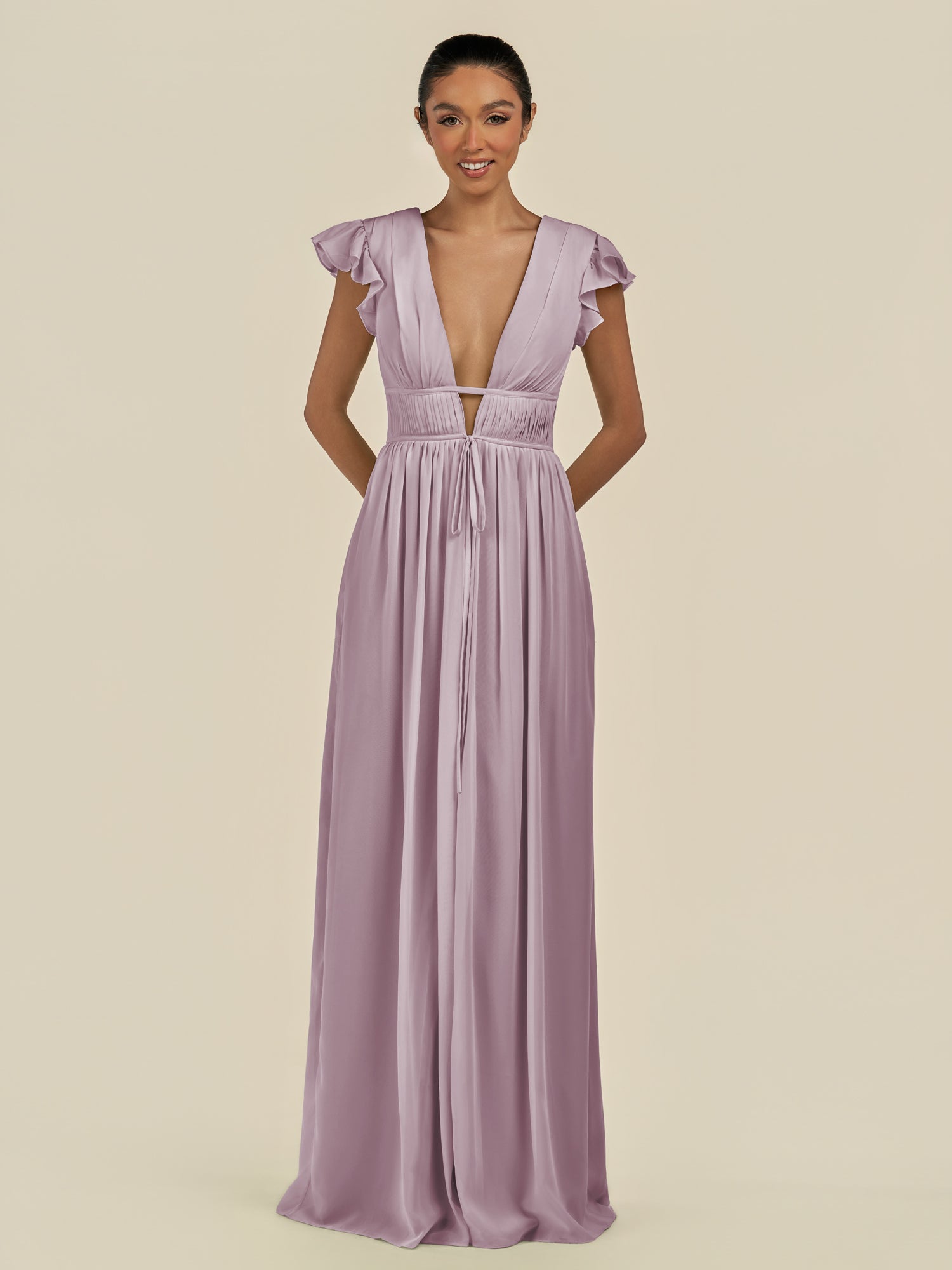 KissDress-Fienna Dusk A Line Chiffon Deep V Neck Long Bridesmaid Dress with Flutter Sleeves