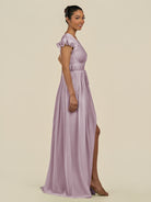 KissDress-Fienna Dusk A Line Chiffon Deep V Neck Long Bridesmaid Dress with Flutter Sleeves