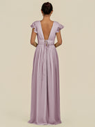 KissDress-Fienna Dusk A Line Chiffon Deep V Neck Long Bridesmaid Dress with Flutter Sleeves