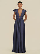 KissDress-Fienna Dusk Blue A Line Chiffon Deep V Neck Long Bridesmaid Dress with Flutter Sleeves