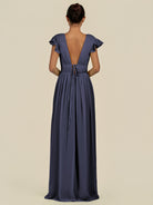 KissDress-Fienna Dusk Blue A Line Chiffon Deep V Neck Long Bridesmaid Dress with Flutter Sleeves