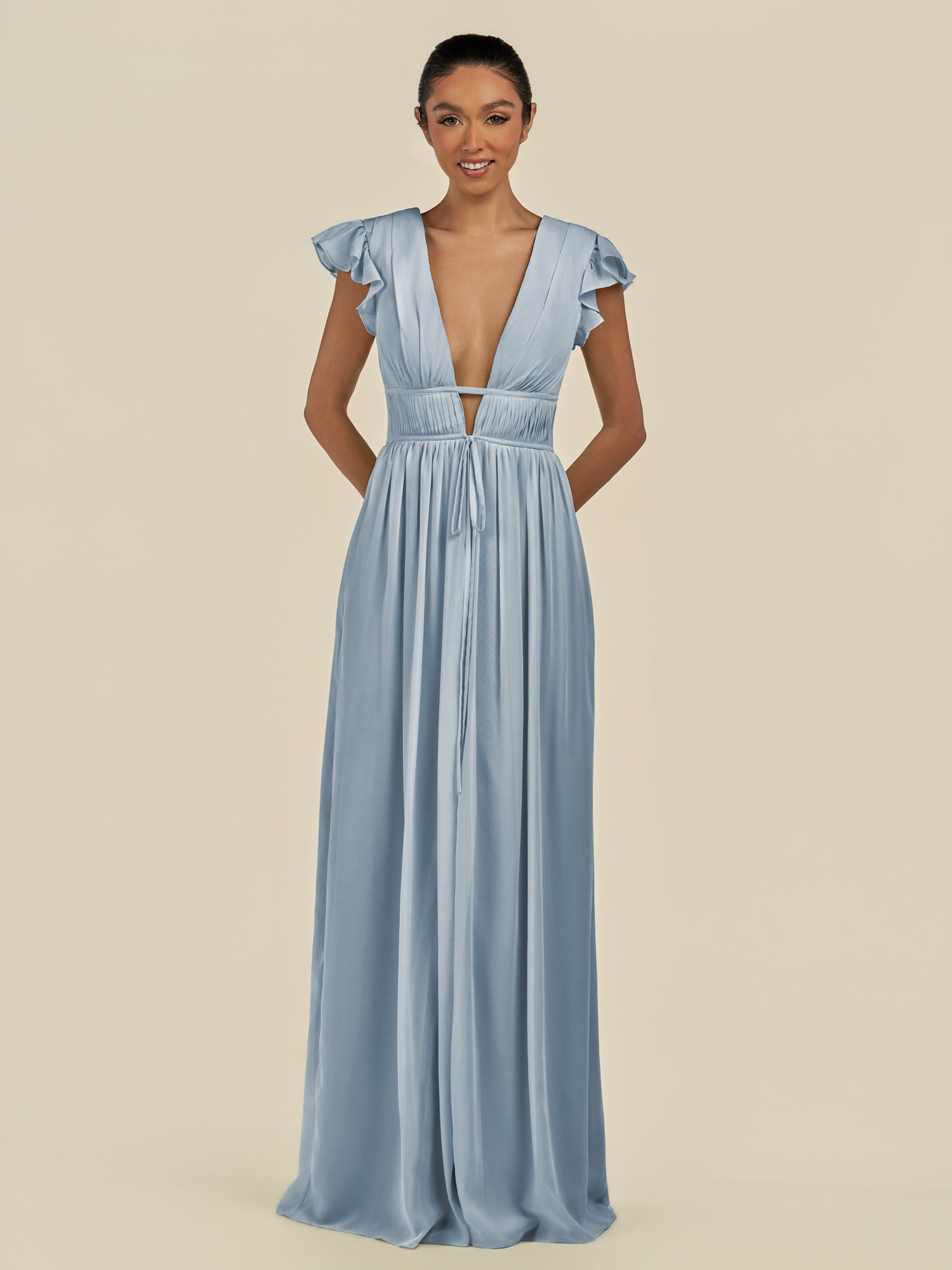 KissDress-Fienna Dusty Blue A Line Chiffon Deep V Neck Long Bridesmaid Dress with Flutter Sleeves