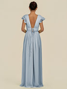 KissDress-Fienna Dusty Blue A Line Chiffon Deep V Neck Long Bridesmaid Dress with Flutter Sleeves