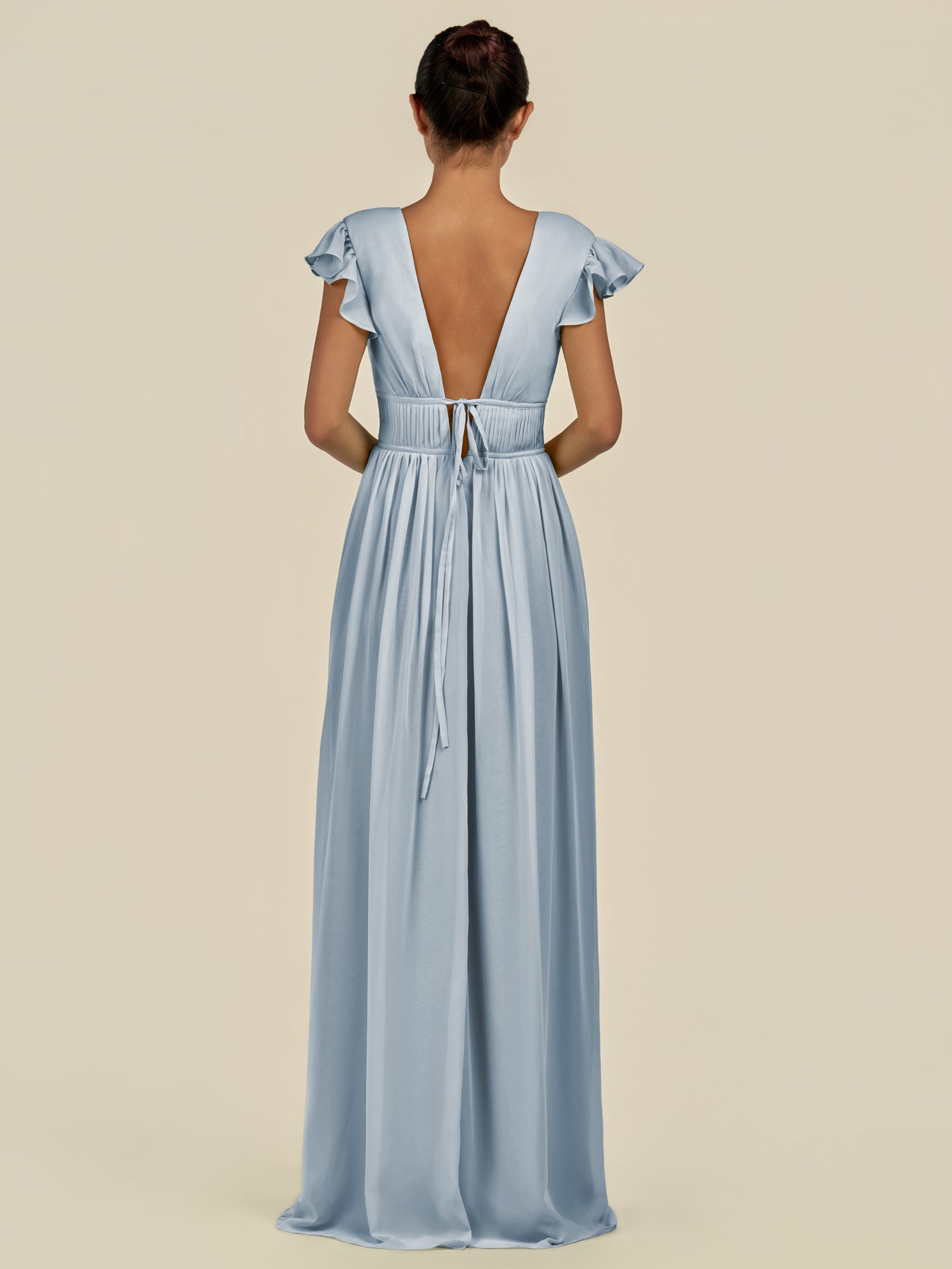 KissDress-Fienna Dusty Blue A Line Chiffon Deep V Neck Long Bridesmaid Dress with Flutter Sleeves