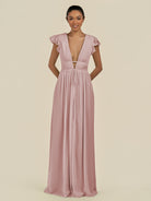 KissDress-Fienna Dusty Rose A Line Chiffon Deep V Neck Long Bridesmaid Dress with Flutter Sleeves