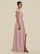 KissDress-Fienna Dusty Rose A Line Chiffon Deep V Neck Long Bridesmaid Dress with Flutter Sleeves
