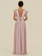 KissDress-Fienna Dusty Rose A Line Chiffon Deep V Neck Long Bridesmaid Dress with Flutter Sleeves
