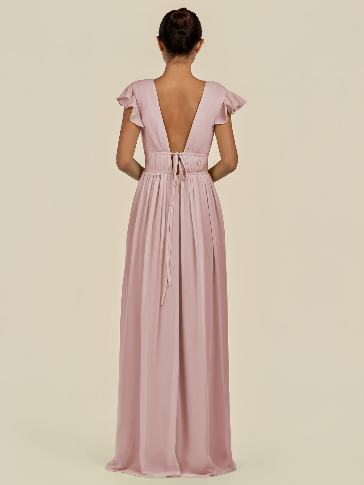 KissDress-Fienna Dusty Rose A Line Chiffon Deep V Neck Long Bridesmaid Dress with Flutter Sleeves