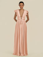 KissDress-Fienna English Rose A Line Chiffon Deep V Neck Long Bridesmaid Dress with Flutter Sleeves