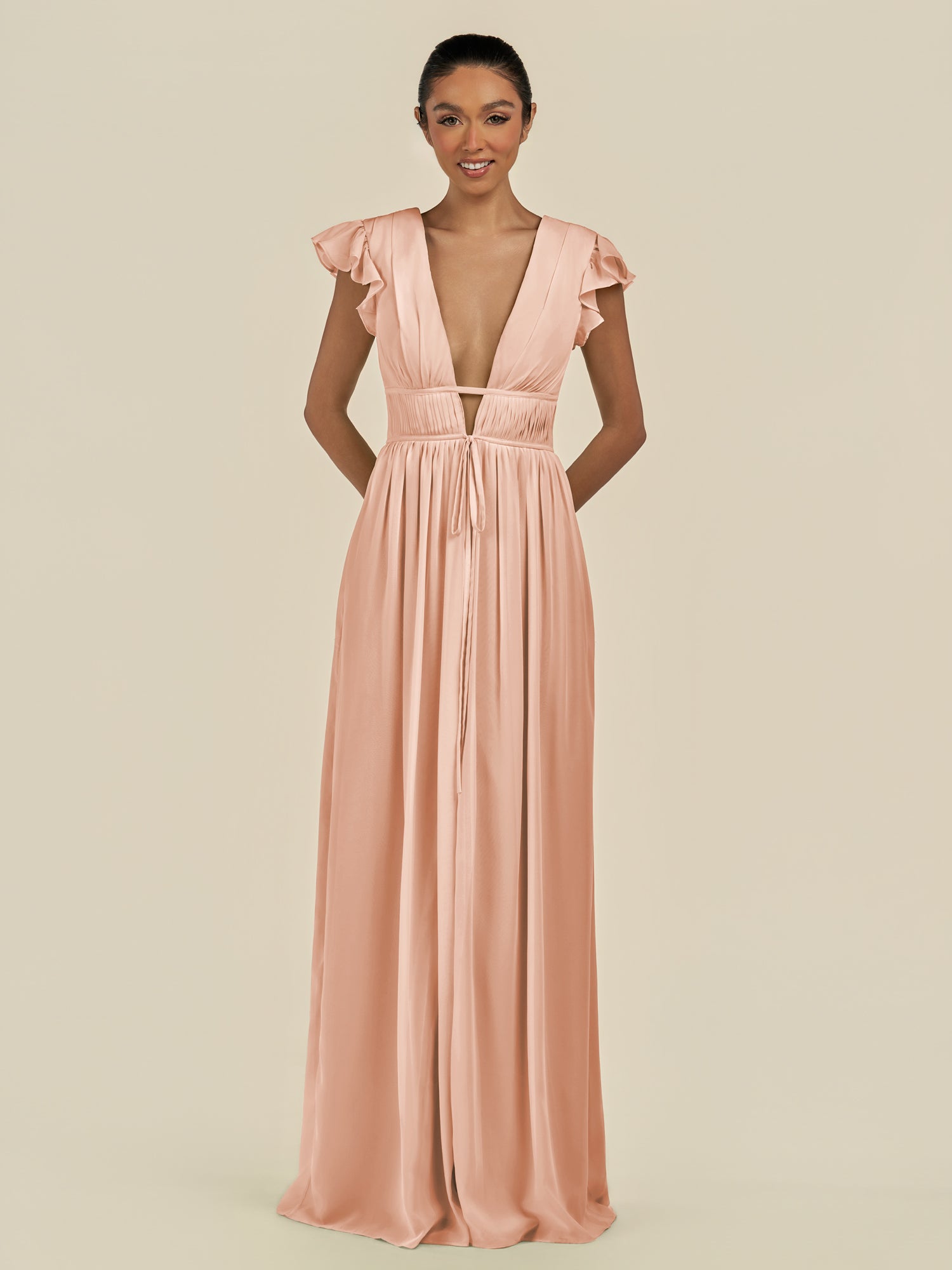 KissDress-Fienna English Rose A Line Chiffon Deep V Neck Long Bridesmaid Dress with Flutter Sleeves