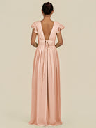 KissDress-Fienna English Rose A Line Chiffon Deep V Neck Long Bridesmaid Dress with Flutter Sleeves