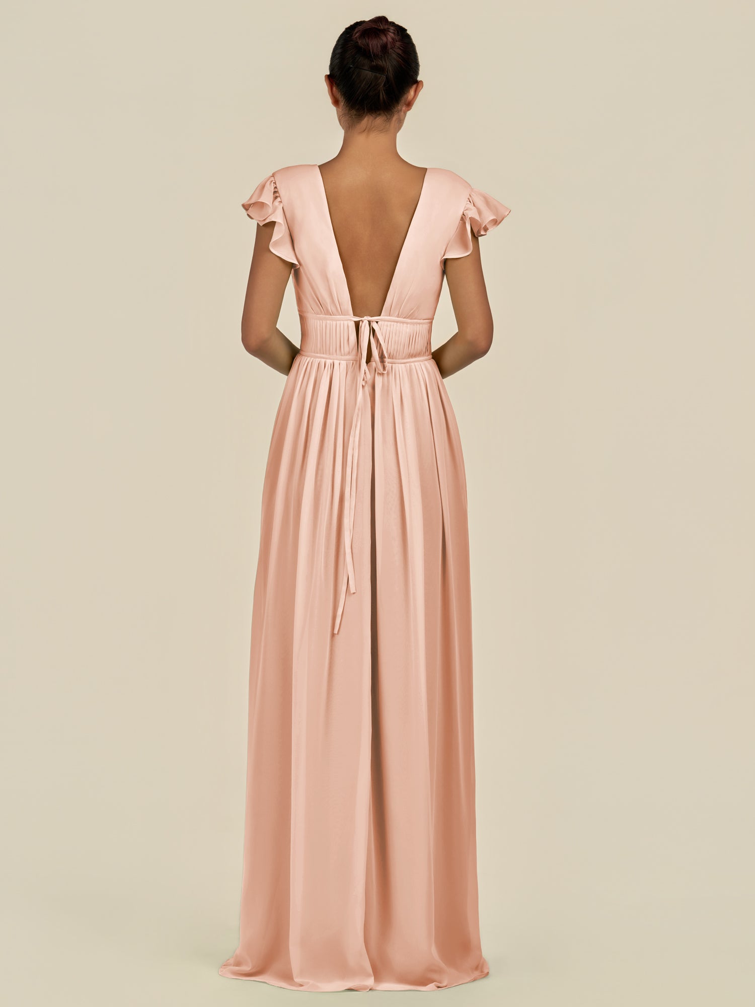 KissDress-Fienna English Rose A Line Chiffon Deep V Neck Long Bridesmaid Dress with Flutter Sleeves