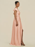 KissDress-Fienna English Rose A Line Chiffon Deep V Neck Long Bridesmaid Dress with Flutter Sleeves