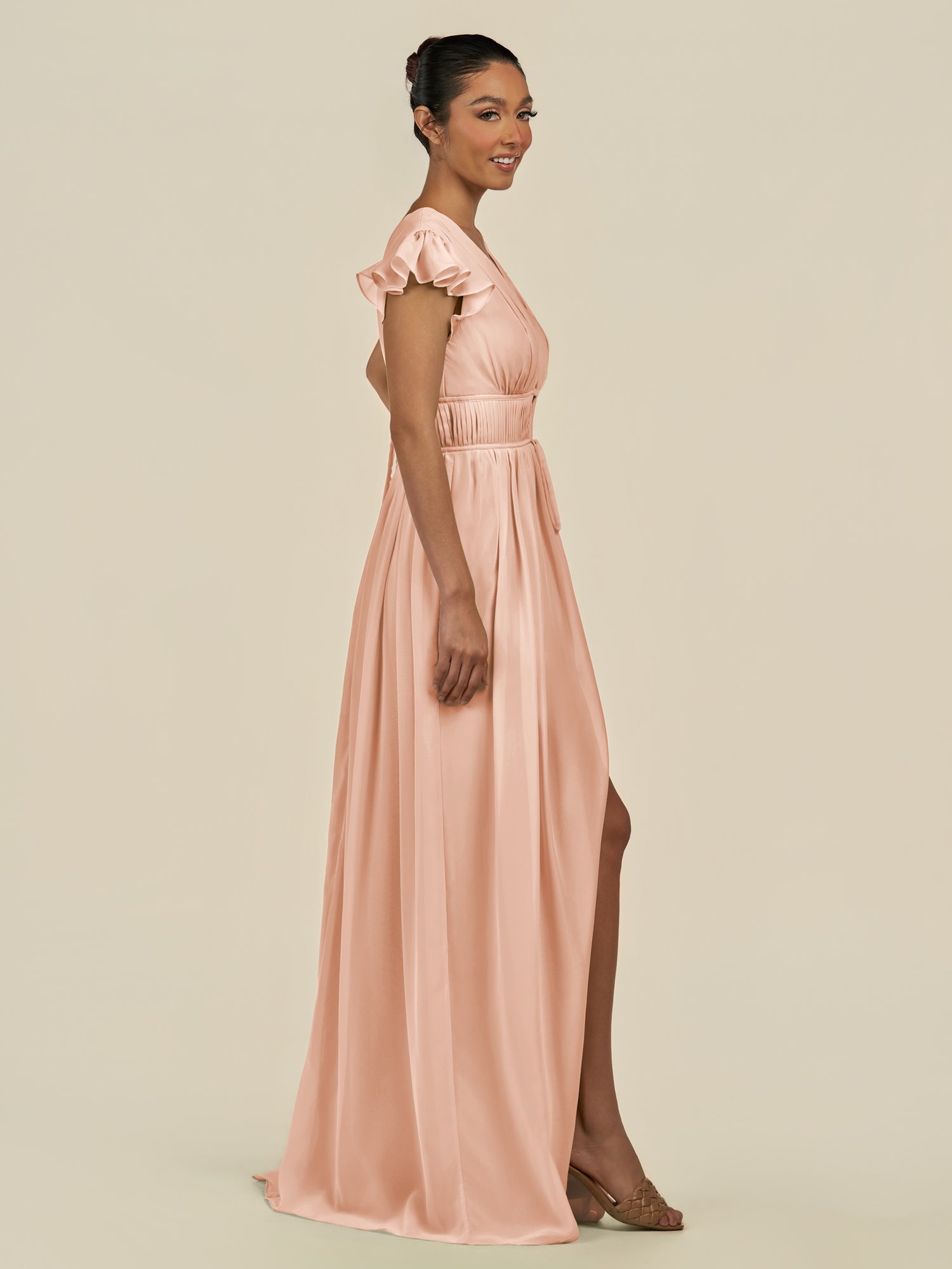KissDress-Fienna English Rose A Line Chiffon Deep V Neck Long Bridesmaid Dress with Flutter Sleeves