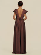 KissDress-Fienna Espresso A Line Chiffon Deep V Neck Long Bridesmaid Dress with Flutter Sleeves