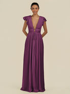 KissDress-Fienna Fig A Line Chiffon Deep V Neck Long Bridesmaid Dress with Flutter Sleeves