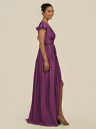 KissDress-Fienna Fig A Line Chiffon Deep V Neck Long Bridesmaid Dress with Flutter Sleeves